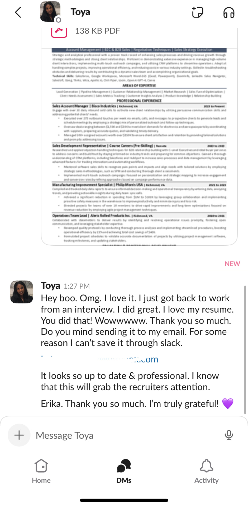 Client message praising a rebuilt resume after an interview
