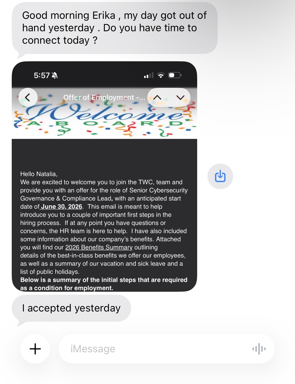 Text message showing an accepted offer letter for a Senior Cybersecurity Governance & Compliance Lead role