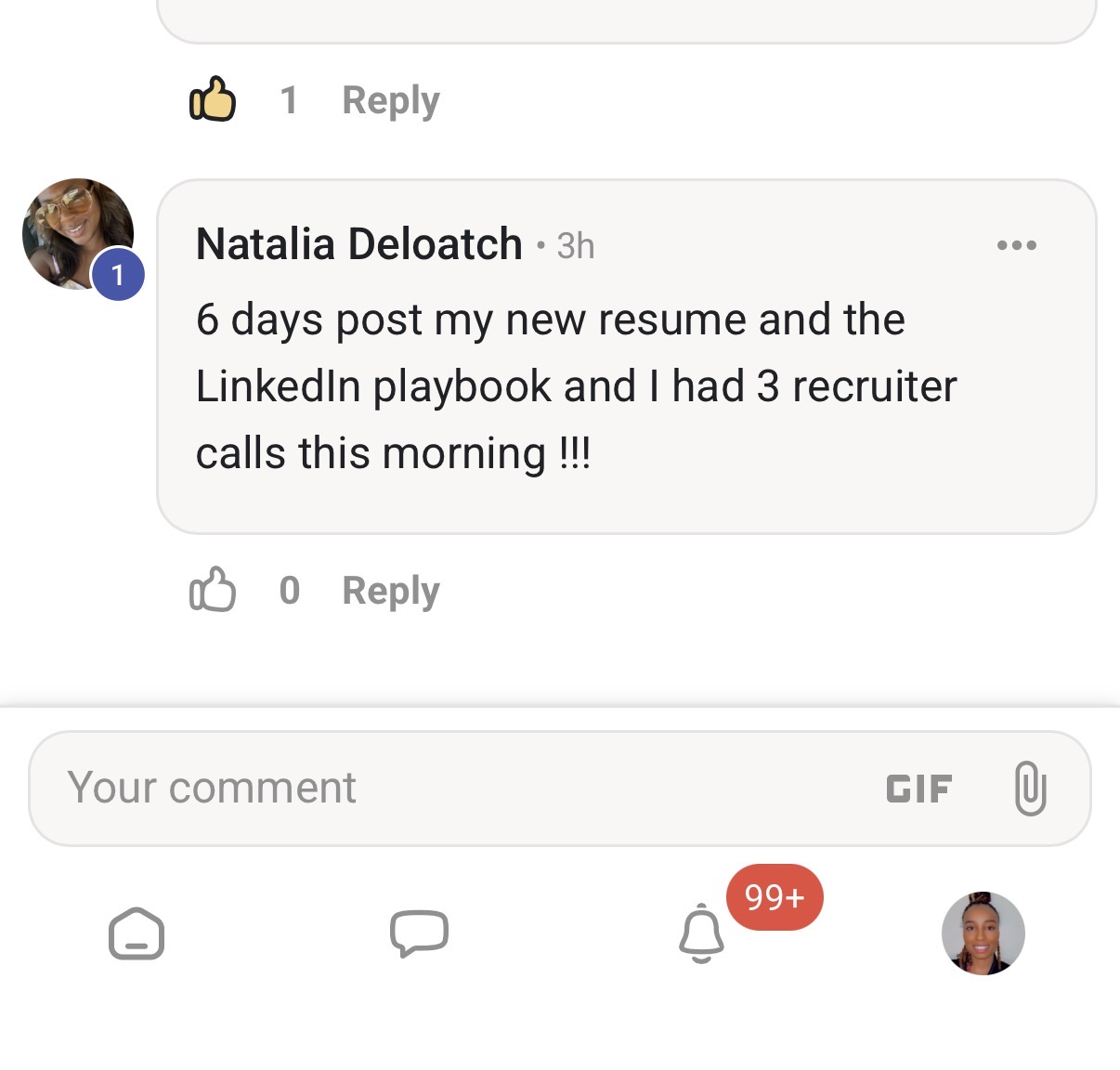 Comment about three recruiter calls six days after a new resume and LinkedIn playbook