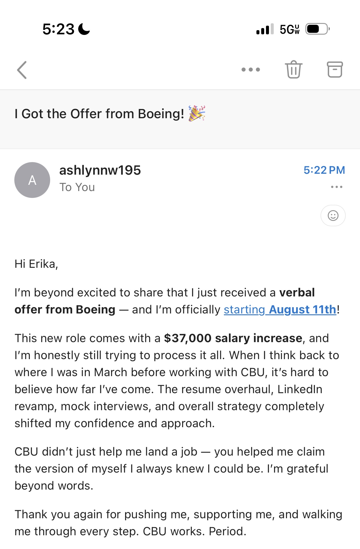 Client message about a Boeing offer with a $37K increase