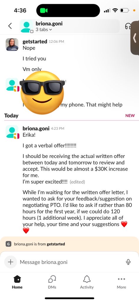Client message reporting a verbal offer with an almost $30K increase