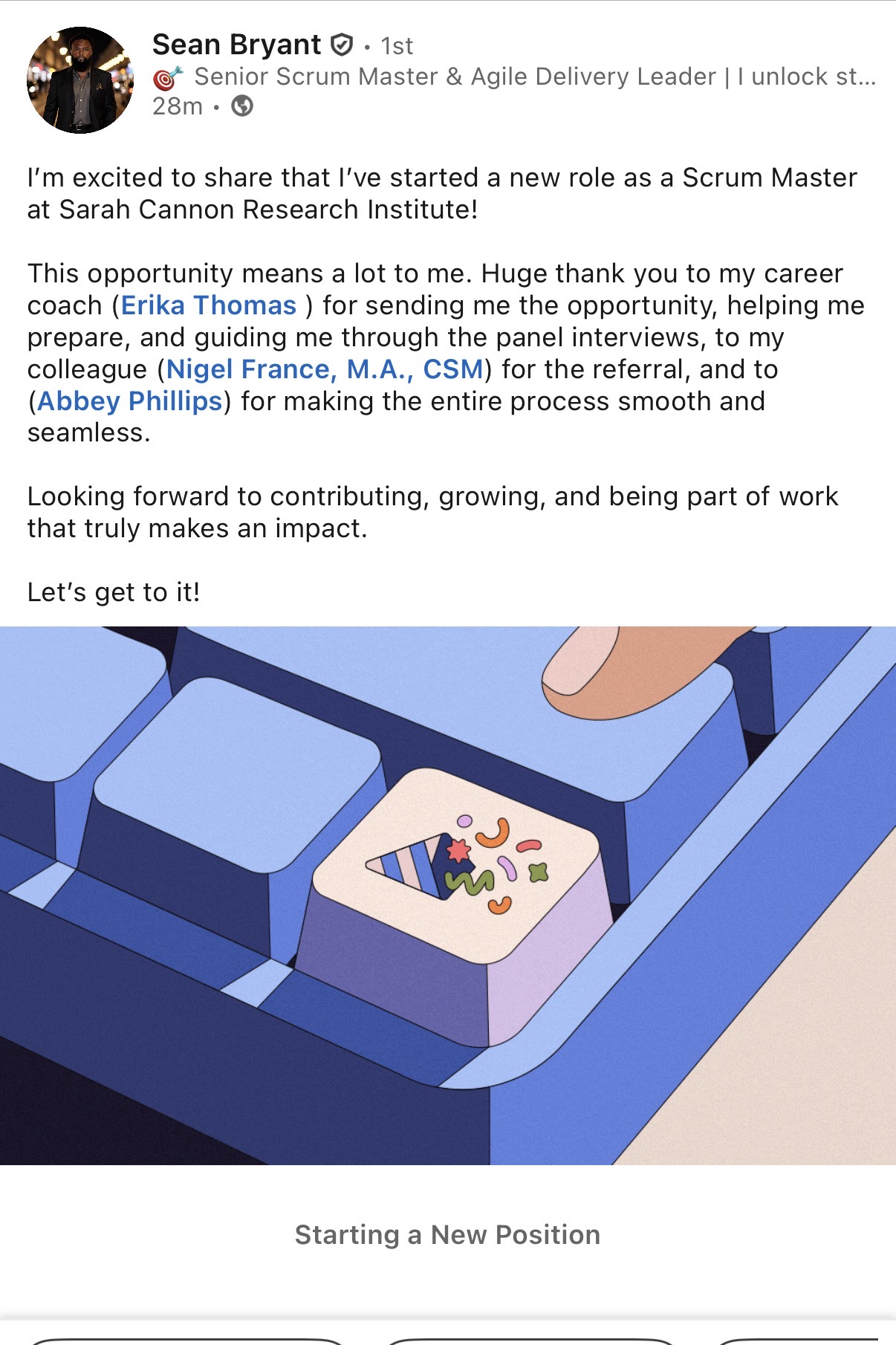 LinkedIn post announcing a new Scrum Master role