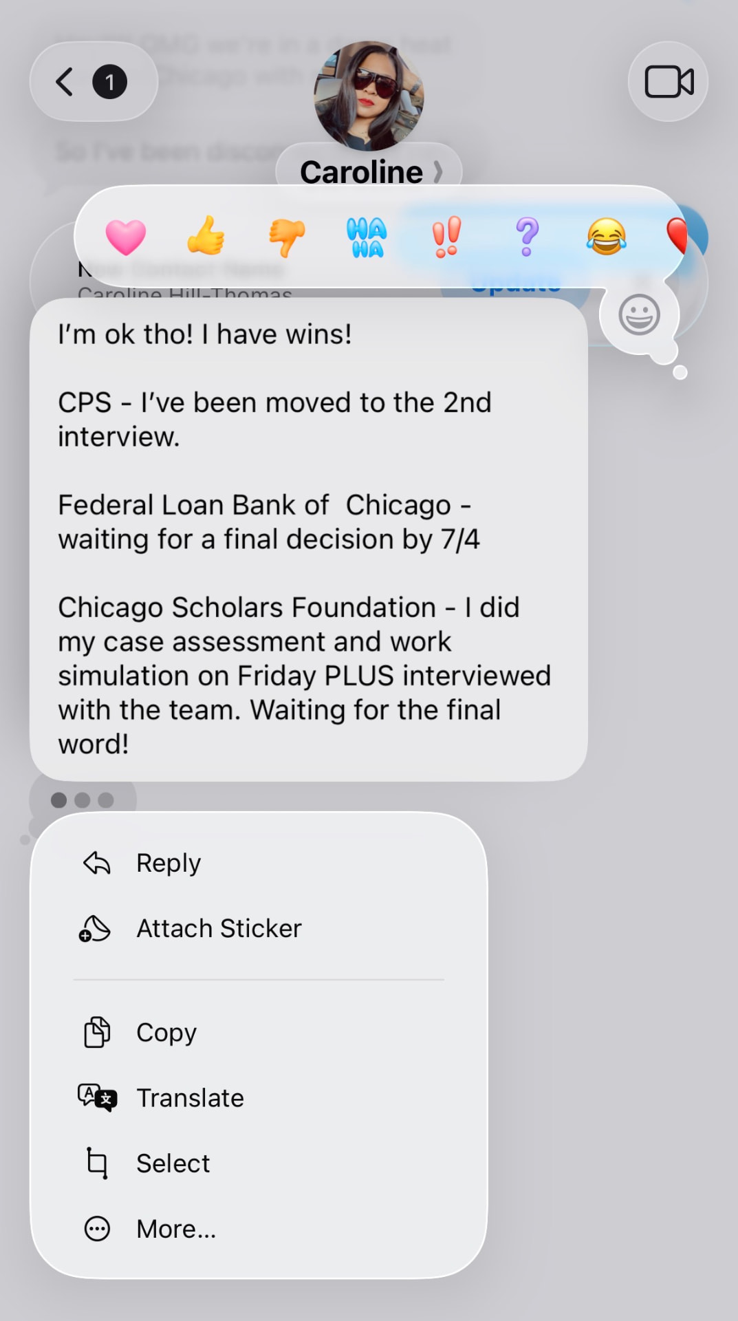 Client message listing multiple interview wins in progress