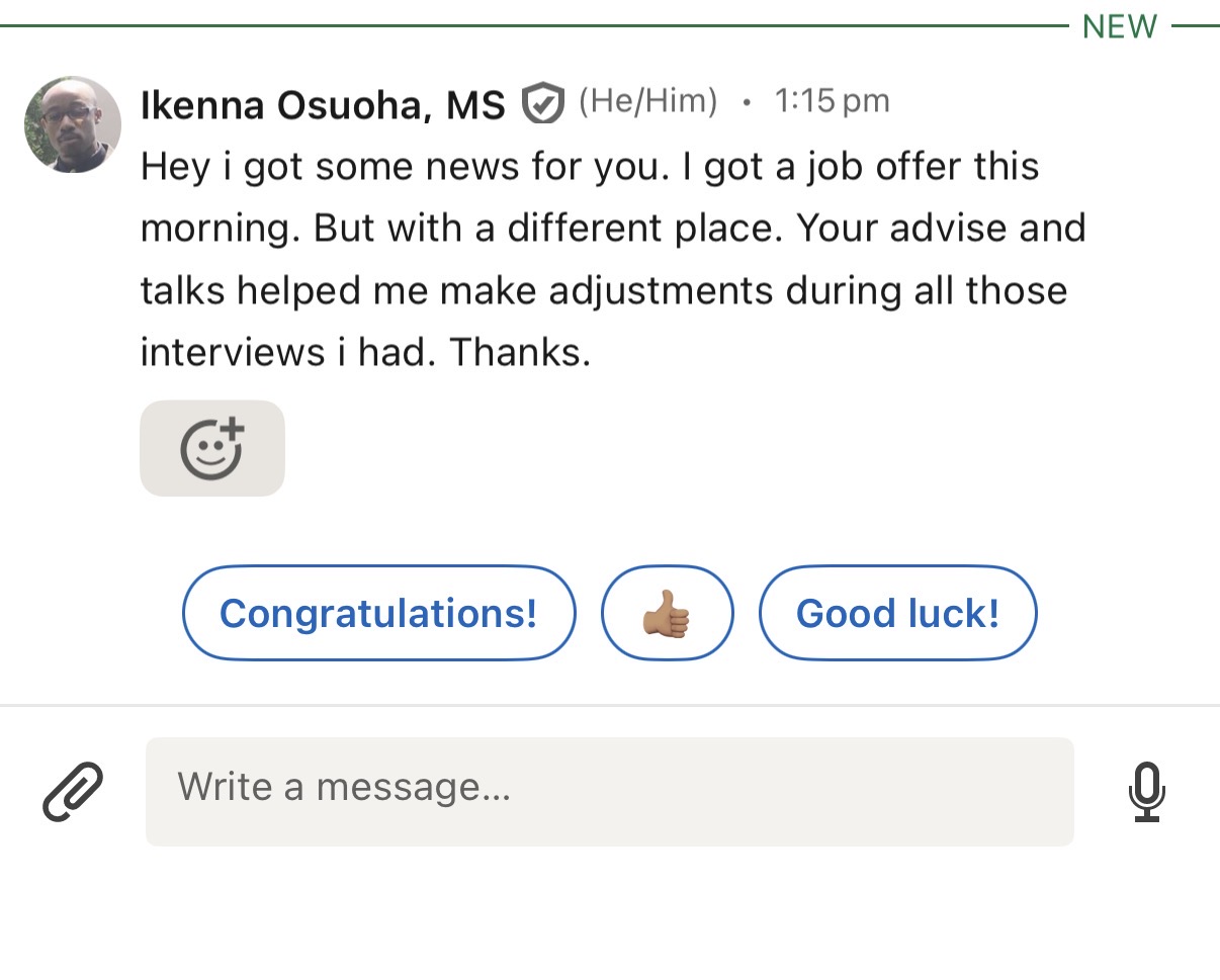 Message reporting a job offer after interview coaching